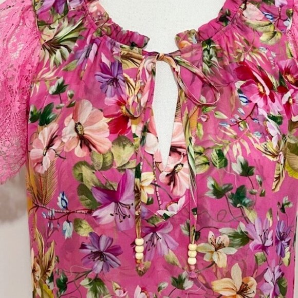 Hale Bob Kailani Pink Floral Tropical Top Lace Short Sleeves Size S - Picture 2 of 7